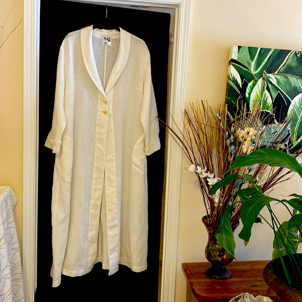 FLAX long white linen duster coat NWOT